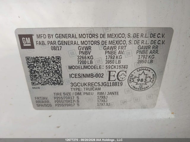 Продажа на аукционе авто 2018 Chevrolet Silverado K1500 Lt, vin: 3GCUKREC5JG118819, номер лота: 12677270