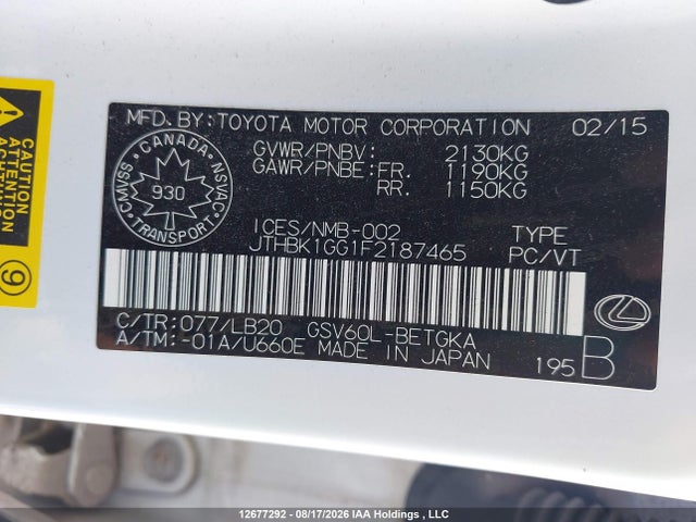 12677292 :رقم المزاد ، JTHBK1GG1F2187465 vin ، 2015 Lexus Es 350 350 مزاد بيع