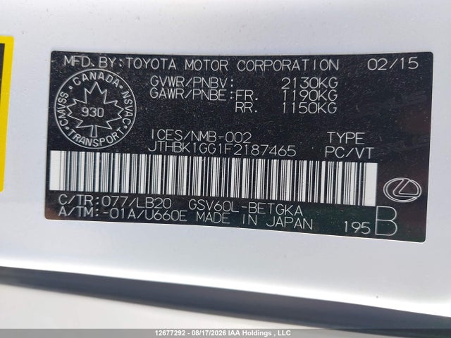 12677292 :رقم المزاد ، JTHBK1GG1F2187465 vin ، 2015 Lexus Es 350 350 مزاد بيع