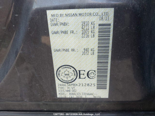 12677293 :رقم المزاد ، 1N4AL3AP9EN212825 vin ، 2014 Nissan Altima 2.5/s/sv/sl مزاد بيع