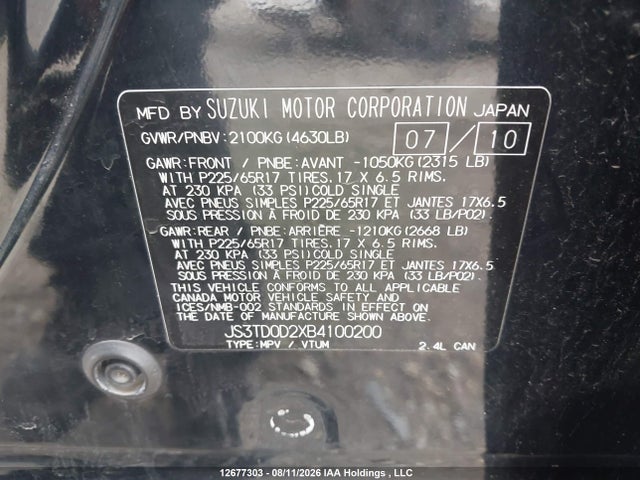 Продаж на аукціоні авто 2011 Suzuki Grand Vitara Premium, vin: JS3TD0D2XB4100200, номер лоту: 12677303