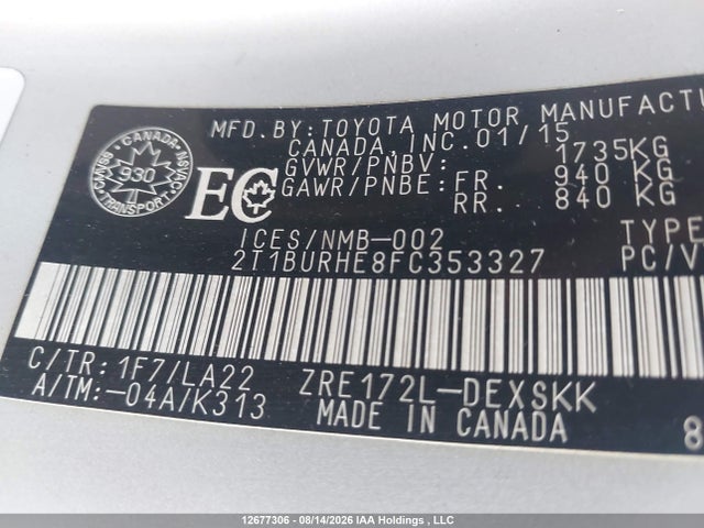 2T1BURHE8FC353327 Toyota Corolla L/le/le Pls/prm/s/s Pls