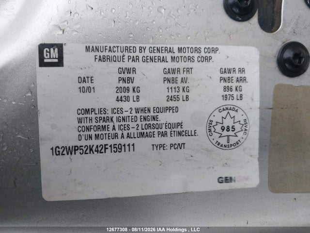 Auction sale of the 2002 Pontiac Grand Prix Gt, vin: 1G2WP52K42F159111, lot number: 12677308