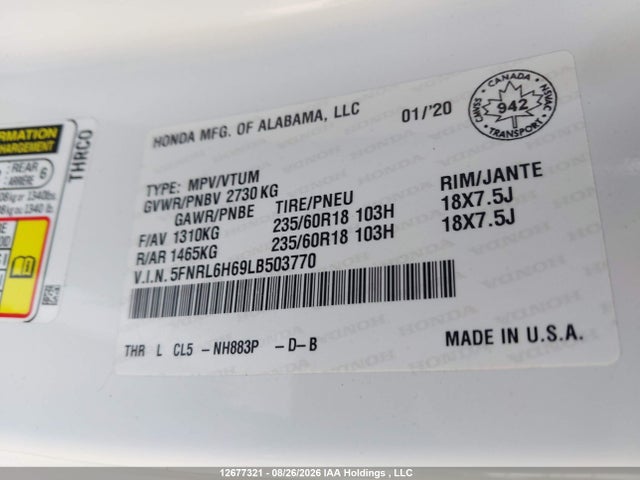 5FNRL6H69LB503770 Honda ODYSSEY EXL