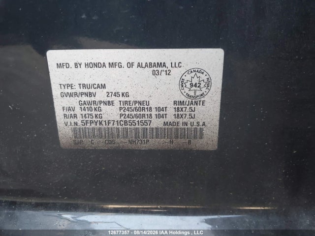 Aukcja sprzedaży 2012 Honda Ridgeline Sport, vin: 5FPYK1F71CB551557, numer aukcji: 12677357