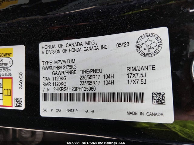Продажа на аукционе авто 2023 Honda Cr-v Lx, vin: 2HKRS4H23PH125960, номер лота: 12677361