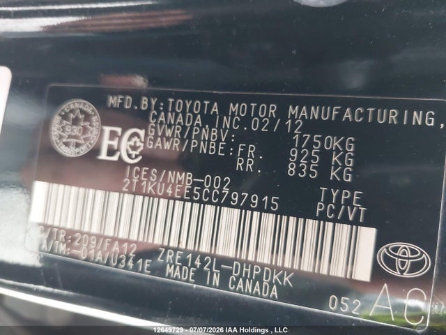 Aukcja sprzedaży 2012 Toyota Corolla Matrix, vin: 2T1KU4EE5CC797915, numer aukcji: 12649729