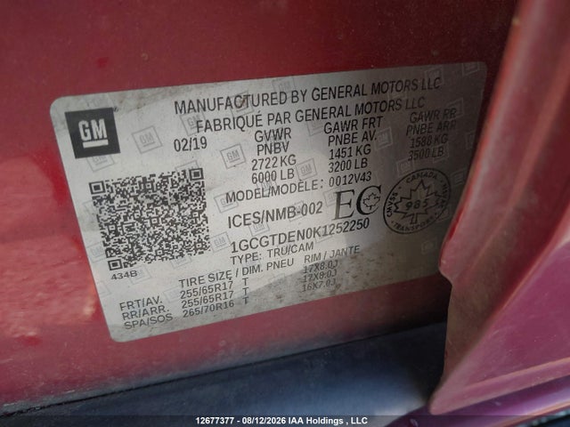 Aukcja sprzedaży 2019 Chevrolet Colorado Z71, vin: 1GCGTDEN0K1252250, numer aukcji: 12677377