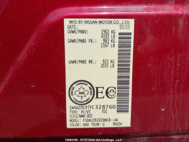 Aukcja sprzedaży 2015 Nissan Leaf S/sl/sv, vin: 1N4AZ0CP7FC328760, numer aukcji: 12664189