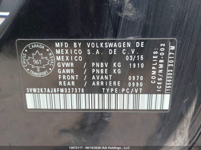 Продаж на аукціоні авто 2015 Volkswagen Jetta 2.0l Trendline/2.0l Trendline+, vin: 3VW2K7AJ8FM327378, номер лоту: 12672117