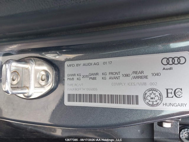12677385 :رقم المزاد ، WAUK8GFF7H1055005 vin ، 2017 Audi A3 2.0t Technik مزاد بيع