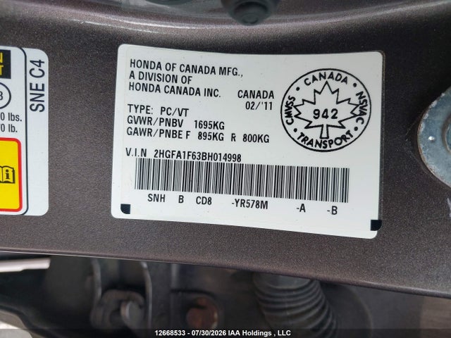 Продаж на аукціоні авто 2011 Honda Civic Se, vin: 2HGFA1F63BH014998, номер лоту: 12668533