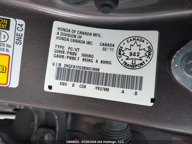 Продаж на аукціоні авто 2011 Honda Civic Se, vin: 2HGFA1F63BH014998, номер лоту: 12668533