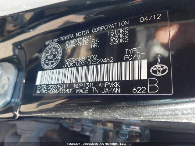 Aukcja sprzedaży 2012 Toyota Yaris Se, vin: JTDKTUD31CD529482, numer aukcji: 12669207