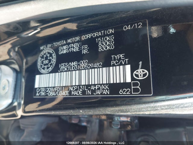 Aukcja sprzedaży 2012 Toyota Yaris Se, vin: JTDKTUD31CD529482, numer aukcji: 12669207