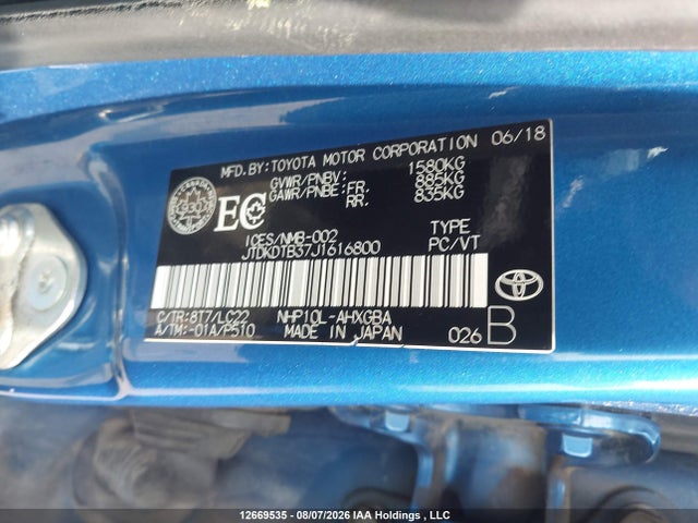 Aukcja sprzedaży 2018 Toyota Prius C Technology, vin: JTDKDTB37J1616800, numer aukcji: 12669535