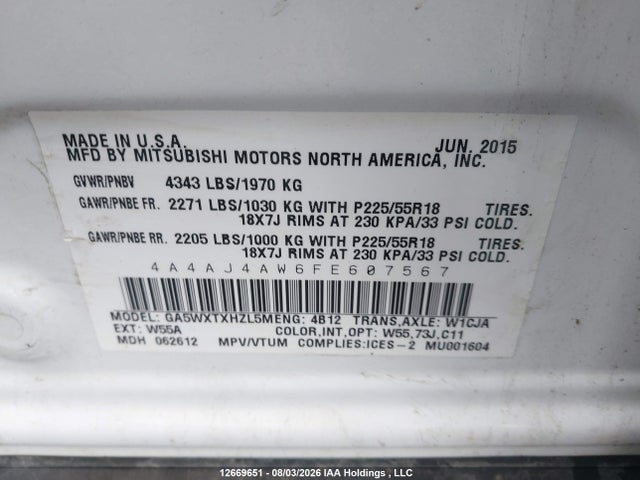 12669651 :رقم المزاد ، 4A4AJ4AW6FE607567 vin ، 2015 Mitsubishi Rvr Gt مزاد بيع