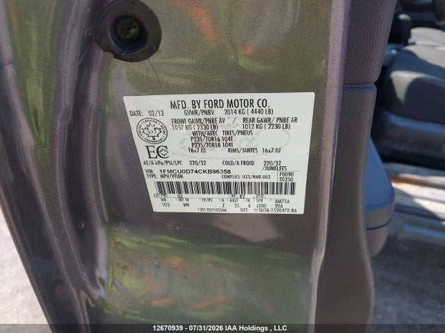 Aukcja sprzedaży 2012 Ford Escape Xlt, vin: 1FMCU0D74CKB96358, numer aukcji: 12670939