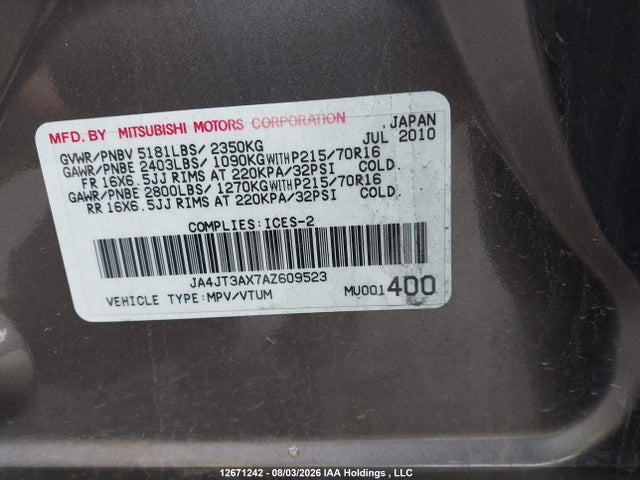 12671242 :رقم المزاد ، JA4JT3AX7AZ609523 vin ، 2010 Mitsubishi Outlander Ls مزاد بيع