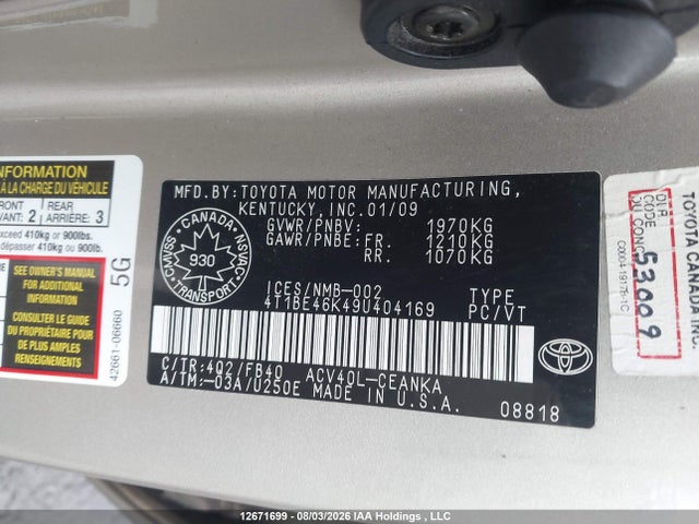 Aukcja sprzedaży 2009 Toyota Camry Le, vin: 4T1BE46K49U404169, numer aukcji: 12671699