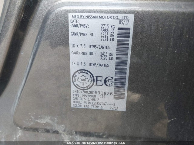 5N1DR2MM2HC691876 Nissan Pathfinder S/sv/sl/platinum