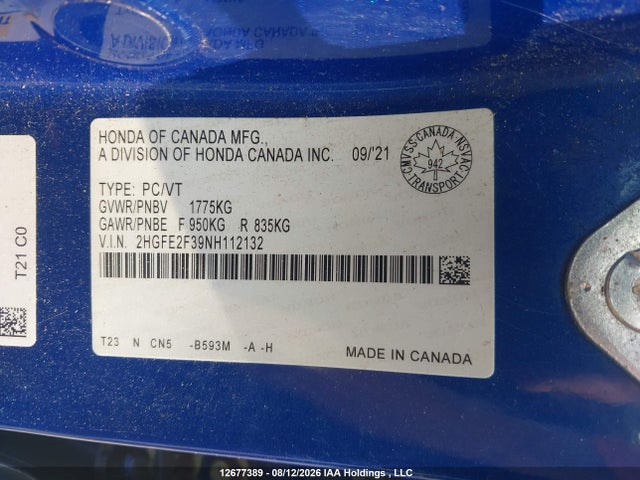 Honda Civic 2022 2HGFE2F39NH112132 Image 9