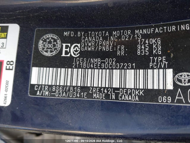2013 Toyota Corolla S/le მანქანა იყიდება აუქციონზე, vin: 2T1BU4EE9DC037231, აუქციონის ნომერი: 12677390