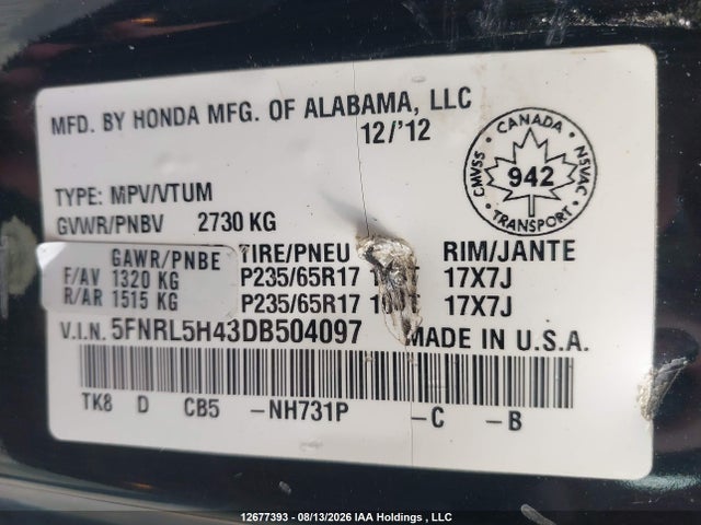 2013 Honda Odyssey Ex მანქანა იყიდება აუქციონზე, vin: 5FNRL5H43DB504097, აუქციონის ნომერი: 12677393