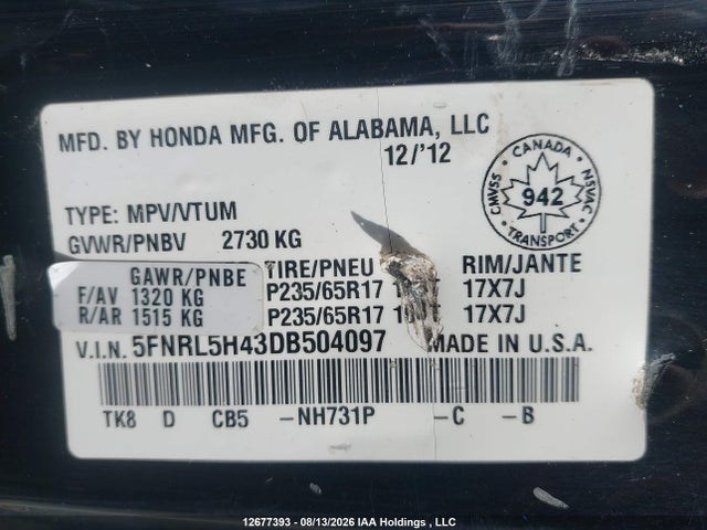 2013 Honda Odyssey Ex მანქანა იყიდება აუქციონზე, vin: 5FNRL5H43DB504097, აუქციონის ნომერი: 12677393