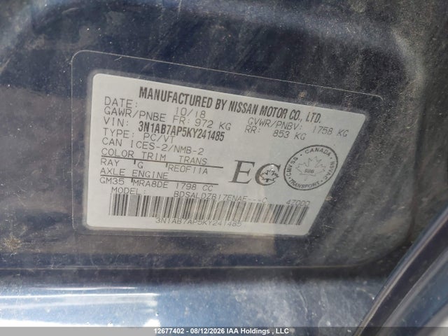 3N1AB7AP5KY241485 Nissan Sentra 1.8 S/1.8 Sv
