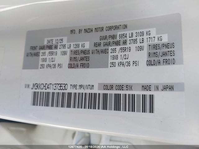 Продаж на аукціоні авто 2026 Mazda Cx-90 Premium Sport, vin: JM3KKCHD4T1373530, номер лоту: 12677425