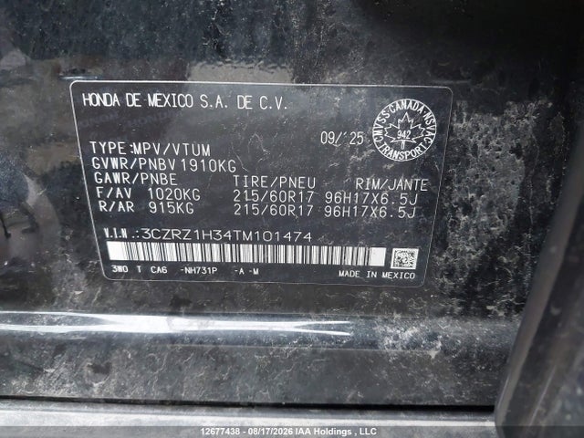 12677438 :رقم المزاد ، 3CZRZ1H34TM101474 vin ، 2026 Honda Hr-v Lx مزاد بيع