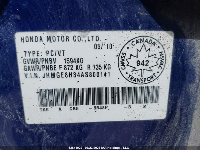 2010 Honda Fit Dx-a მანქანა იყიდება აუქციონზე, vin: JHMGE8H34AS800141, აუქციონის ნომერი: 12641022