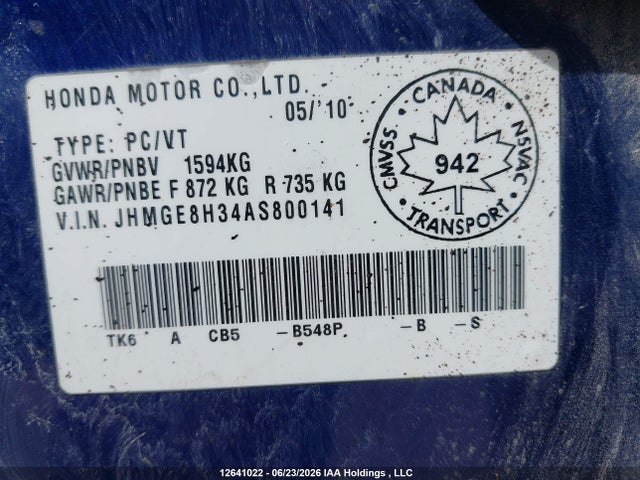 Aukcja sprzedaży 2010 Honda Fit Dx-a, vin: JHMGE8H34AS800141, numer aukcji: 12641022