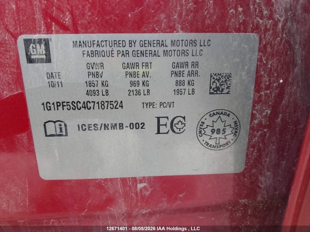 2012 Chevrolet Cruze Lt Turbo მანქანა იყიდება აუქციონზე, vin: 1G1PF5SC4C7187524, აუქციონის ნომერი: 12671401