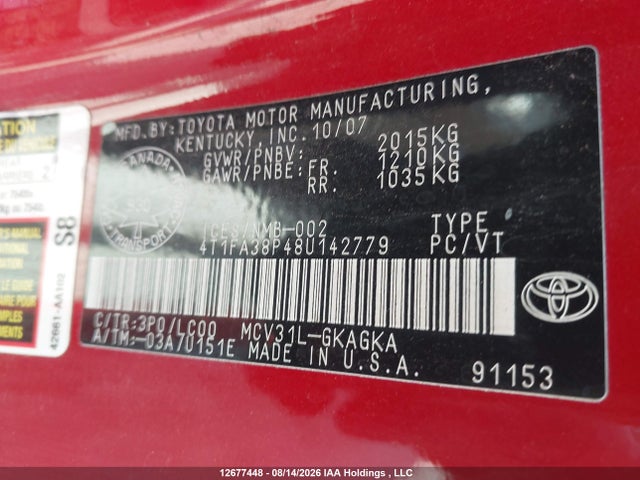 12677448 :رقم المزاد ، 4T1FA38P48U142779 vin ، 2008 Toyota Solara Sle V6 مزاد بيع
