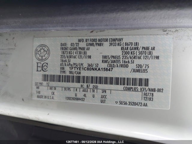 12677461 :رقم المزاد ، 1FTYE1C80NKA15847 vin ، 2022 Ford Transit-150 Cargo مزاد بيع