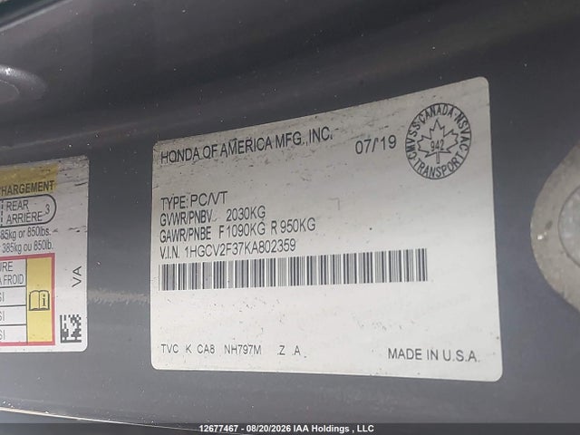 Продажа на аукционе авто 2019 Honda Accord Sport 2.0t, vin: 1HGCV2F37KA802359, номер лота: 12677467