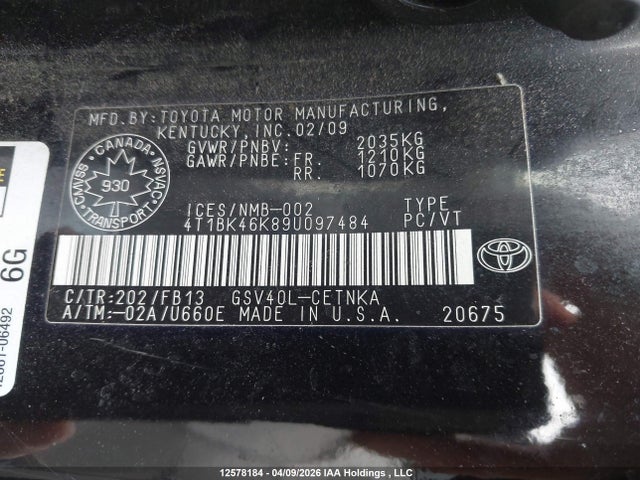 Aukcja sprzedaży 2009 Toyota Camry Le V6, vin: 4T1BK46K89U097484, numer aukcji: 12578184