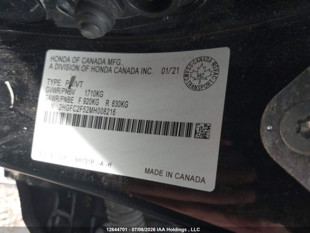 12644701 :رقم المزاد ، 2HGFC2F52MH008216 vin ، 2021 Honda Civic Lx مزاد بيع