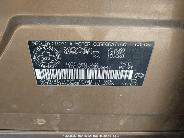 Продажа на аукционе авто 2007 Lexus Es 350 350, vin: JTHBJ46G372006647, номер лота: 12654856