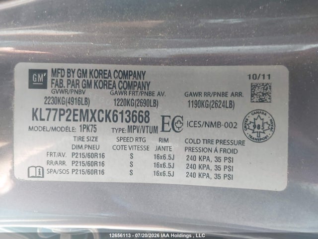 Продаж на аукціоні авто 2012 Chevrolet Orlando 1lt/2lt, vin: KL77P2EMXCK613668, номер лоту: 12656113