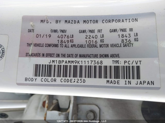 Aukcja sprzedaży 2019 Mazda 3, vin: JM1BPAMM9K1117368, numer aukcji: 12677472