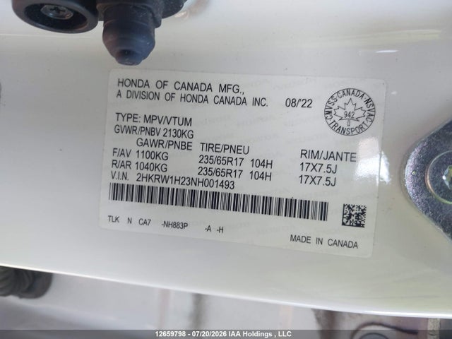 2022 Honda Cr-v Lx მანქანა იყიდება აუქციონზე, vin: 2HKRW1H23NH001493, აუქციონის ნომერი: 12659798