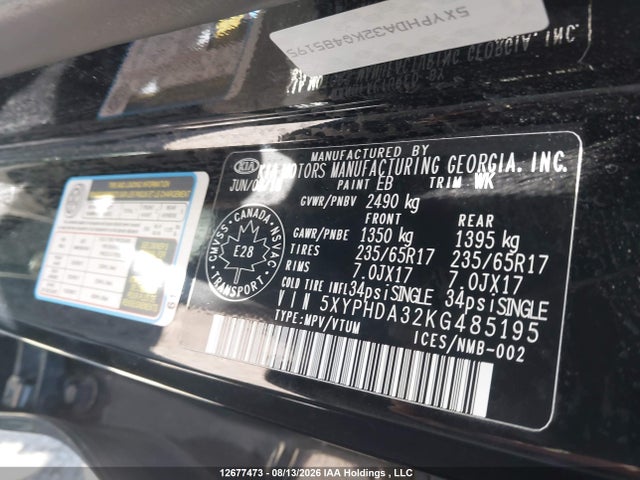 Продажа на аукционе авто 2019 Kia Sorento 2.4l Ex, vin: 5XYPHDA32KG485195, номер лота: 12677473
