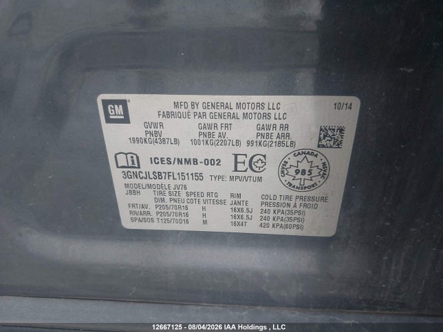 Продажа на аукционе авто 2015 Chevrolet Trax 2lt, vin: 3GNCJLSB7FL151155, номер лота: 12667125