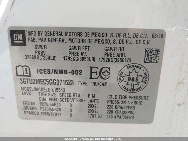 12664894 :رقم المزاد ، 3GTU2MEC5GG371523 vin ، 2016 Gmc Sierra 1500 Sle مزاد بيع