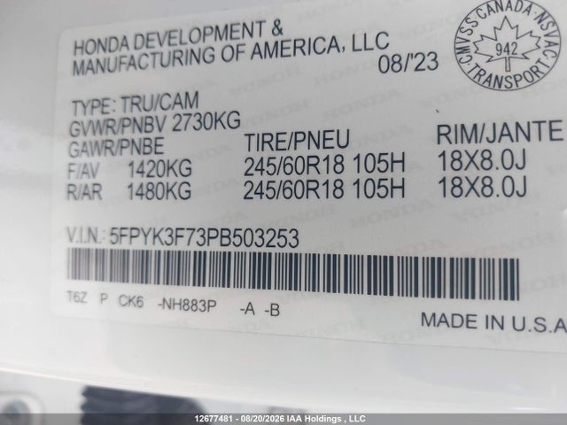 2023 Honda Ridgeline Rtl-e მანქანა იყიდება აუქციონზე, vin: 5FPYK3F73PB503253, აუქციონის ნომერი: 12677481
