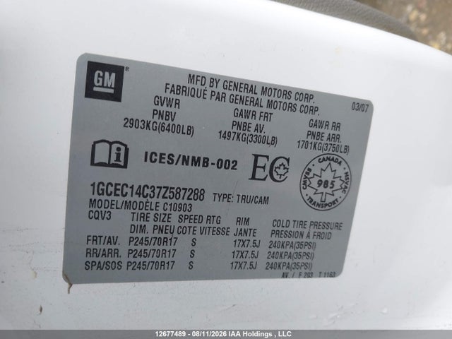 Продажа на аукционе авто 2007 Chevrolet Silverado C1500, vin: 1GCEC14C37Z587288, номер лота: 12677489