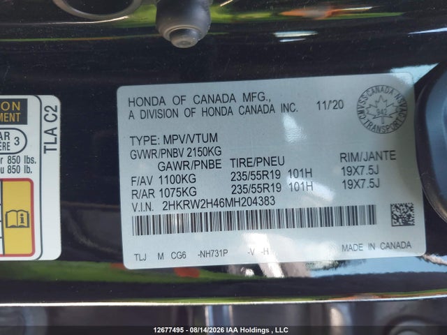 Auction sale of the 2021 Honda Cr-v, vin: 2HKRW2H46MH204383, lot number: 12677495